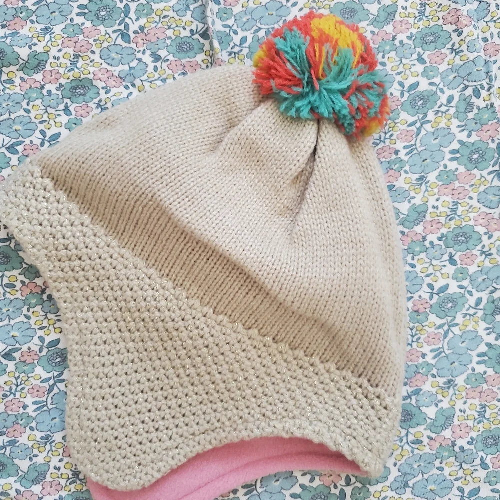 Mini Boden Cream Knit Pom Pom Hat